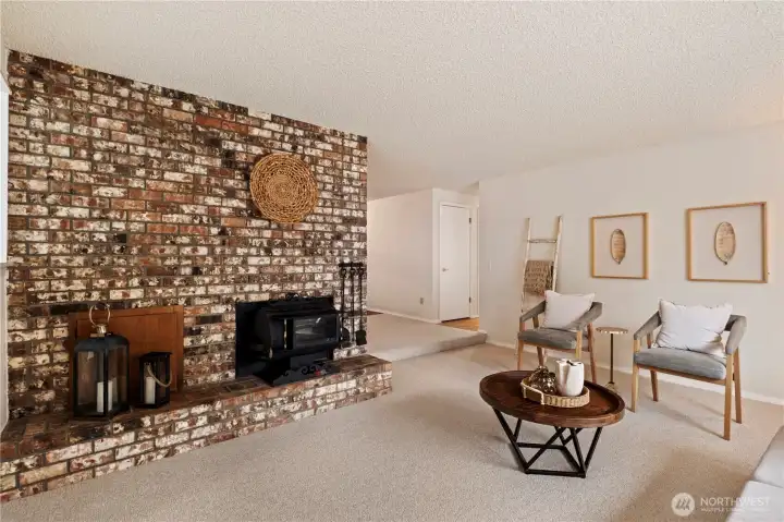 Crackling wood stove provides extra warmth on those chillier days.