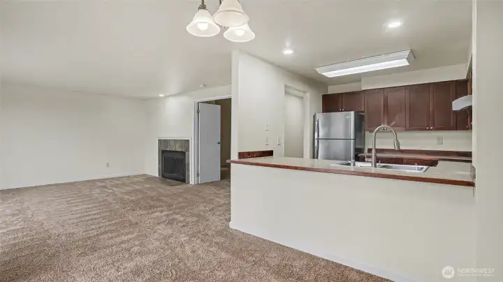 View of the Kitchen and Living room from the dining area.