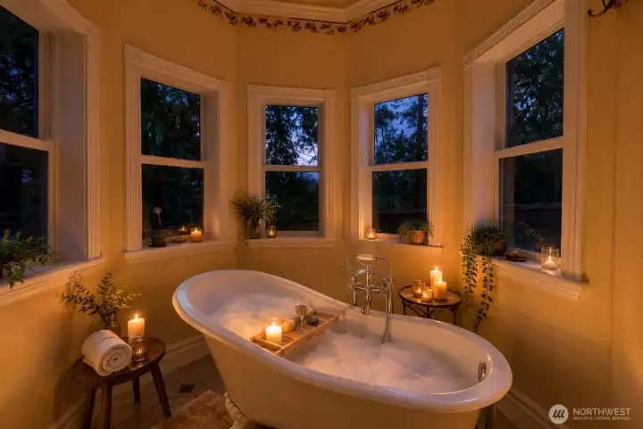 Virtually Staged - visions of an evening at home in the deep soaking clawfoot soaking tub with traditional accent faucet hardware. Virtually Staged - visions of an evening at home in the deep soaking clawfoot soaking tub with traditional accent faucet hardware.