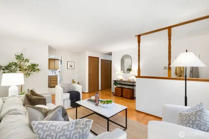 There are 2 closets in the hallway leading to the 3 bedrooms.