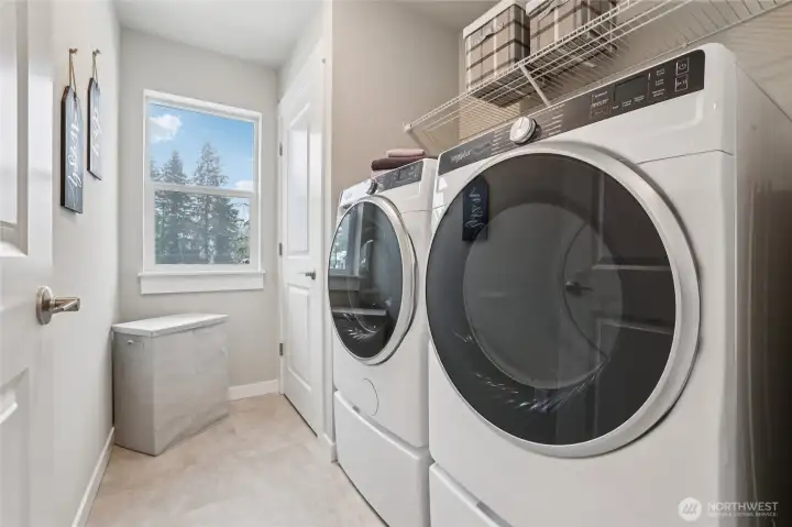 Upstairs laundry room, front load washer & dryer + pedestals are included! The view outside the laundry to the trees in the distance! Upstairs laundry room, front load washer & dryer + pedestals are included! The view outside the laundry to the trees in the distance!