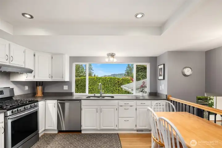Beautifully updated kitchen with all stainless steel appliances, quartz counter tops, overlooking the peaceful backyard and access to the huge family room on the lower level