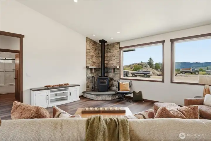 Great room with wood burning fire stove