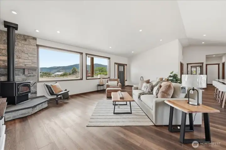 Great room with wood burning fire stove