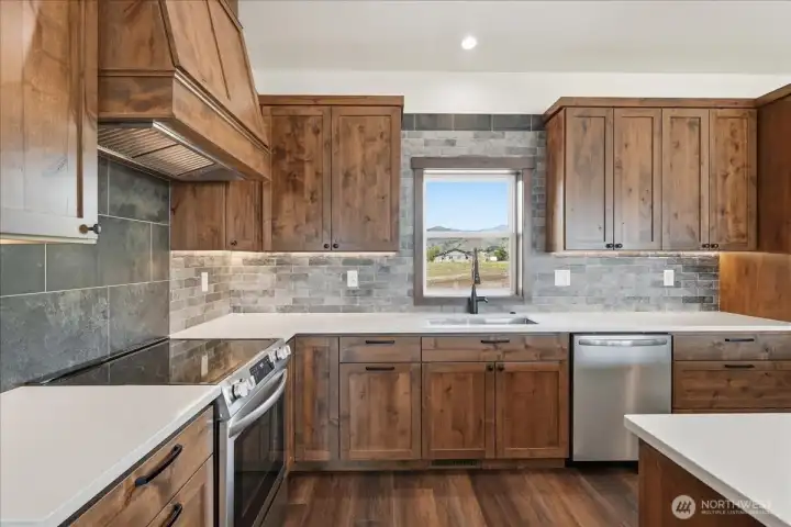 Quartz counters and SS appliances + knotty alder custom cabinetry