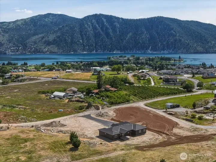 Aerial view of surrounding area plus Lake Chelan
