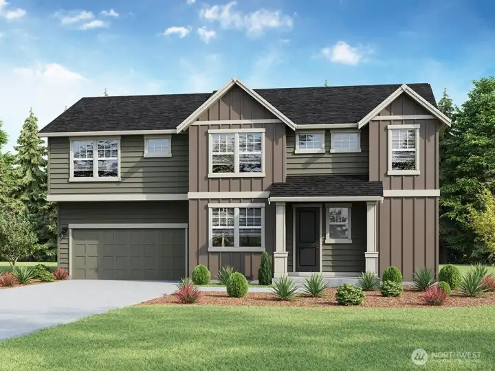 Huntington Plan Marketing Rendering - Depictions of homes or other features are artist conceptions. Hardscape, landscape, and other items shown may be decorator suggestions that are not included in the purchase price and availability may vary. No view is promised. Views may also be altered by subsequent development, construction and tree growth and landscaping.