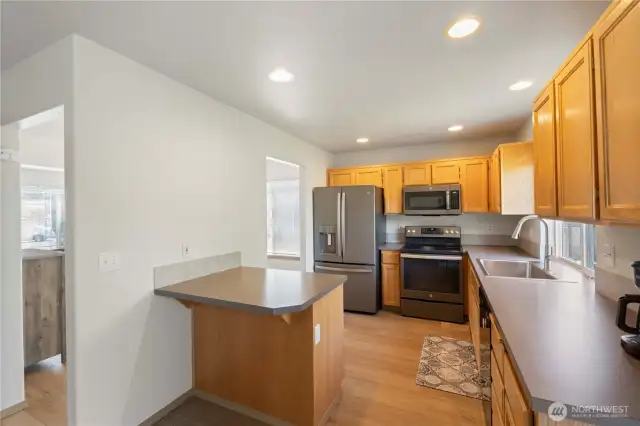 Eat in area with room for two bar stools.