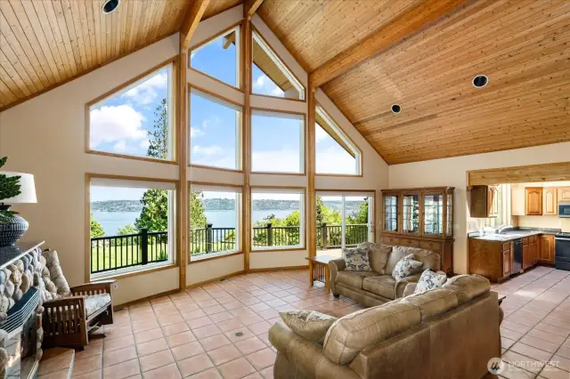 Walk into vaulted, cedar lined ceilings. Loads of light and spacious feeling.