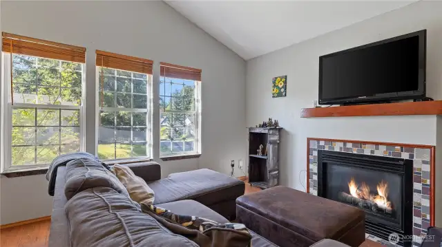 …Living room with gas fireplace, wood floor, large windows,…