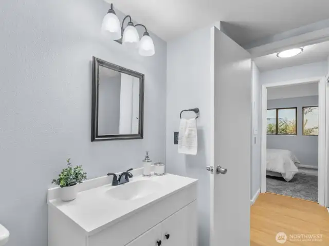 Bedroom straight ahead of bathroom