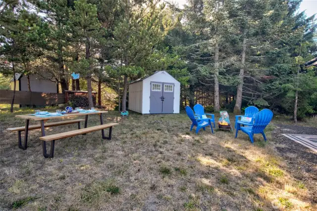 Set up in comfort with water, electric, and sewer connections on a spacious, level lot. Partially fenced for privacy, with mature trees bordering three sides for a serene retreat.
