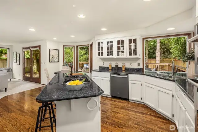 Nicely appointed kitchen features slab granite counters and newer stainless appliances. Large windows overlook the rear yard