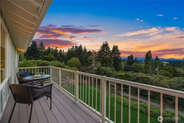 Wow! What a view from the primary bedroom's private deck. Olympic Mountain and water views, along with stunning sunsets.