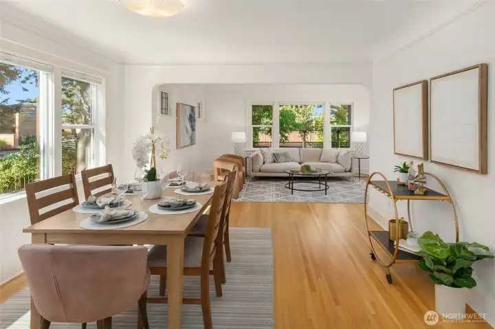 Ample room for a long table. Period arch and trim tie the room together.