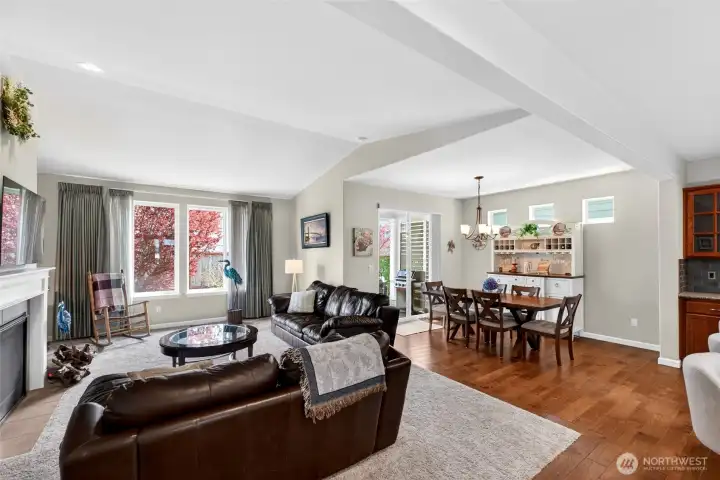 Vaulted ceilings, custom drapes and light paint colors