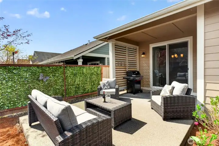 The partially covered patio has space for your outdoor furniture, bbq, and more!