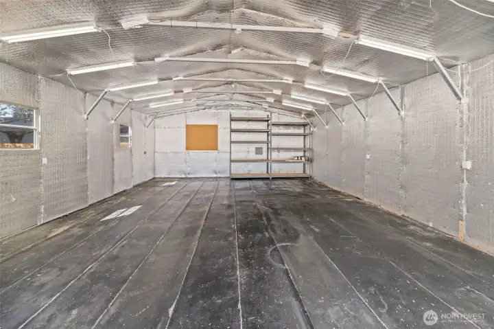 600 sqft of space with dedicated electrical box and two 4-prong outlets. Wired for heating