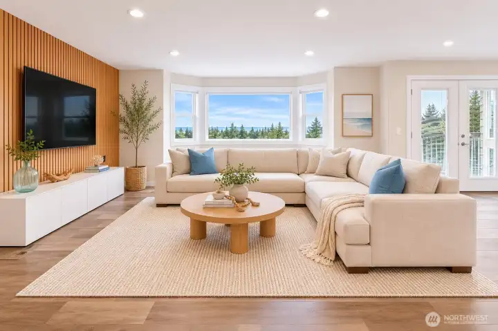 Virtual Stage: Living room with designer slat wall, large view windows, and an open layout.