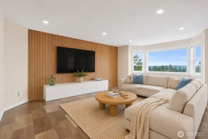 Virtual Stage: Living room with designer slat wall, large view windows, and an open layout.