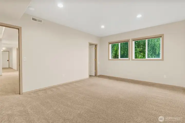 Large extra room with carpet, two windows, and flexible space for work, guests, hobbies, or media.
