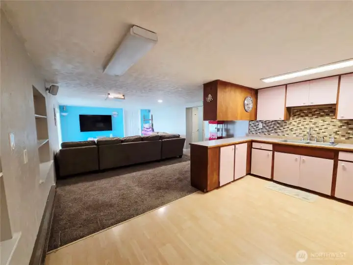 downstairs family room and kitchen