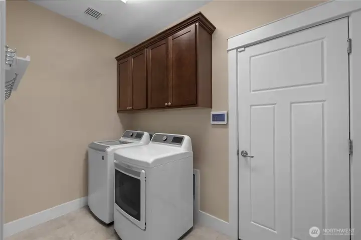 Dedicated laundry room with upper cabinetry, storage shelving and direct access near the garage entry. Dedicated laundry room with upper cabinetry, storage shelving and direct access near the garage entry.