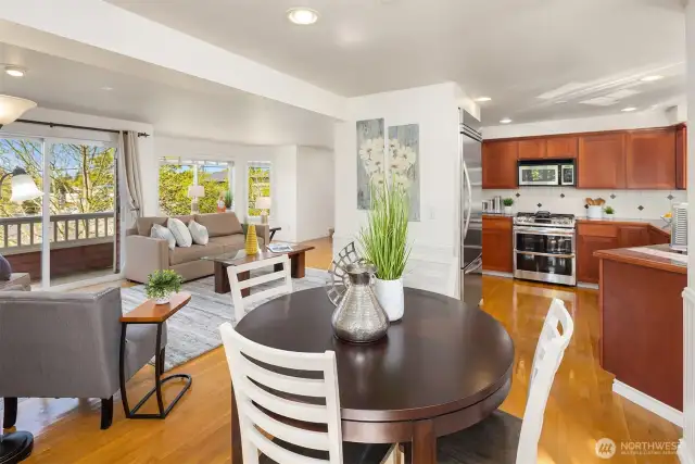 Open layout with nice views and hardwood floors.