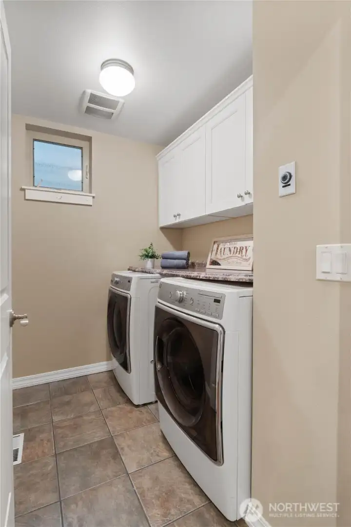 The laundry room is on the main floor. The newer washer and dryer stay!