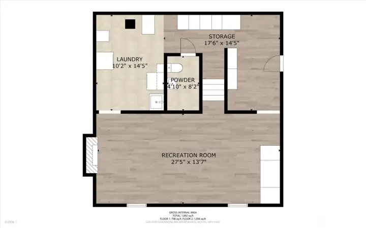 Floor plan lower level. Huge rec-room with fireplace. And future expansion potential in unfinished areas!