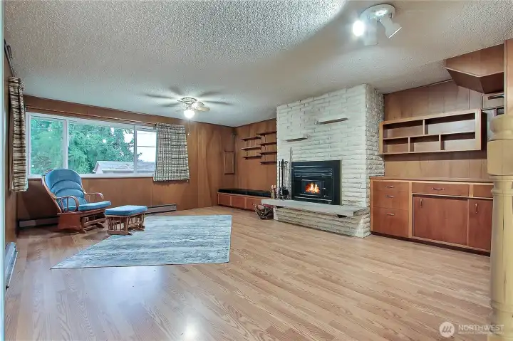 Large family room with wood burning fireplace