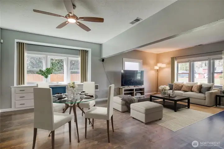 Great room, virtually staged