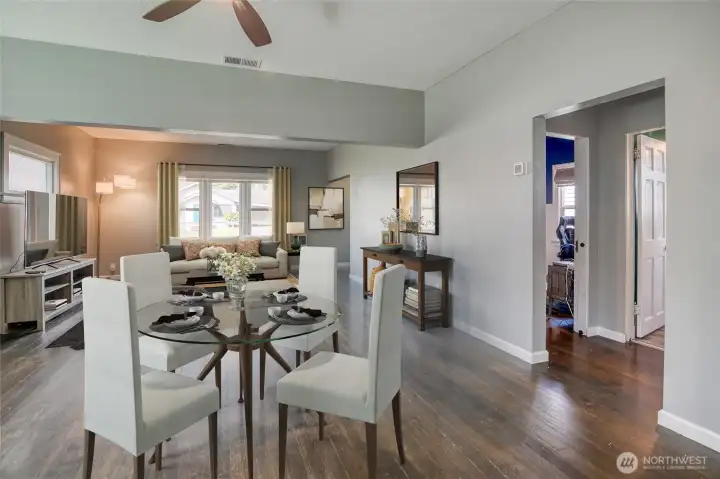 Great room, virtually staged