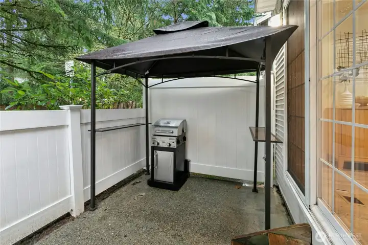 Home comes with great patio space, and it's own grill and canopy. Easily step from the kitchen to the grill through the sliding glass door.