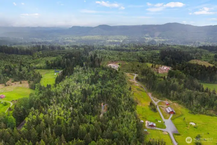Expansive aerial perspective highlighting the property's peaceful rural setting near Eatonville and Alder Lake.