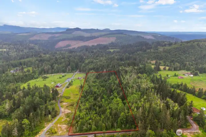 The outlined parcel highlights the approximate property boundaries, showing a peaceful mix of wooded landscape, open surroundings, and rural privacy with easy access to nearby roads and neighboring properties.