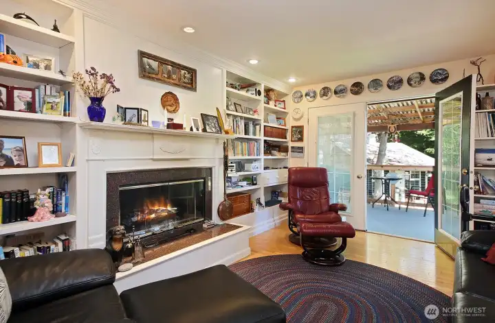 Wood burning fireplace, built in shelves