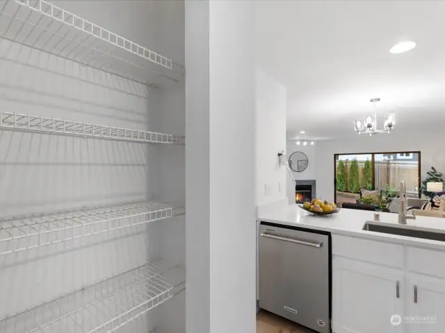 Large pantry with built-in shelving.