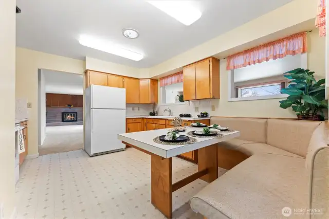 built-in banquet seating in kitchen, keep or remove and add island