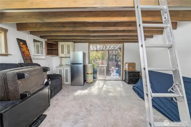 Interior of outbuilding with loft