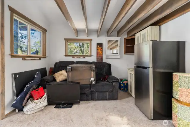 Interior of outbuilding with loft