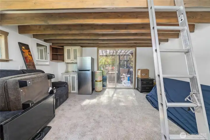 Interior of outbuilding with loft