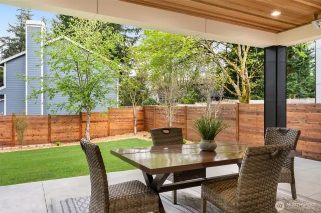 Main floor covered outdoor patio with electric heaters and a natural gas connection stubbed in