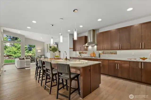 Open concept living combines kitchen and grand family room with vaulted ceilings and walls of windows. Beautiful hardwoods throughout and look at all the kitchen storage!