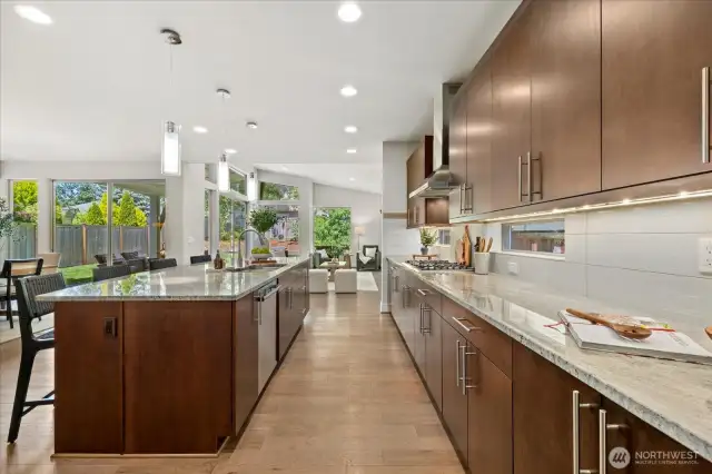 High ceilings, counter seating and open spaces make the kitchen a natural gathering place.
