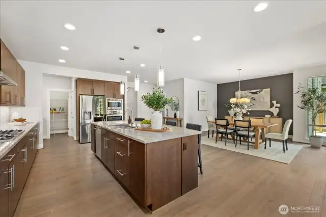 2 pantries, a butlers pantry prep area and full dining area space can handle week-night casual dinners as well as extravagant large parties.