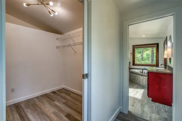 Walk-in closet and primary bathroom.