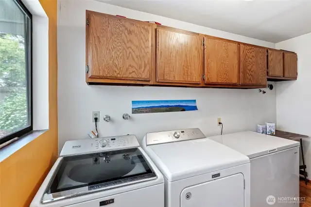 Tons of extra storage in the laundry room. Extra shelves not pictured.
