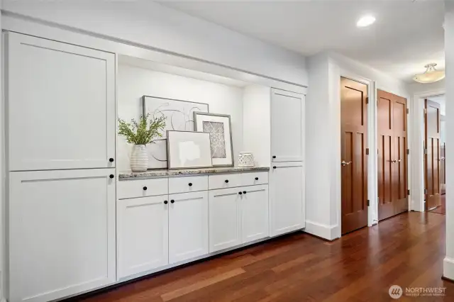 The bedroom level landing is welcoming. Hardwoods throughout, except on the stairs. Loads of storage and room for linens.