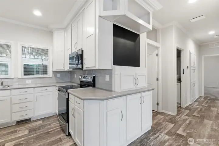 Convenient built-in charging station with chalkboard organizer keeps your day running smoothly and your space clutter-free.